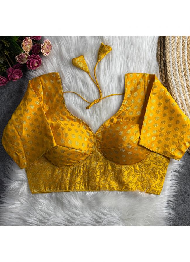 Nylon Jacquard Yellow Festival Wear Weaving  Readymade Blouse